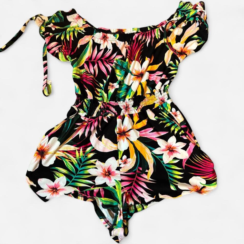 Jolie & Joy Tropical Hawaiian Floral Romper Black Pink Hibiscus Off Shoulder- XL